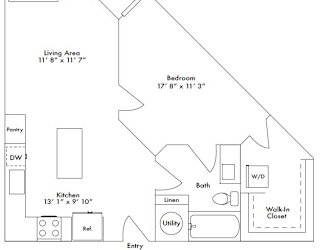 Floor plan layout of 699 sf one-bedroom apartment with a balcony.