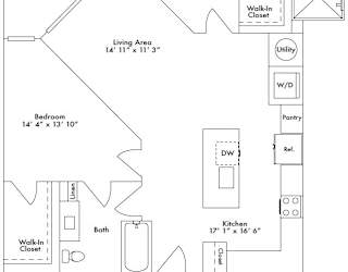 Floor plan layout of 1175 sf two-bedroom apartment with two bathrooms featuring dual shower and a balcony.