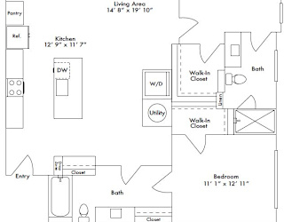 Floor plan layout of 1329 sf two-bedroom apartment with two bathrooms and a balcony.