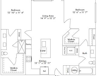 Floor plan layout of 1118 sf two-bedroom apartment with two bathrooms and a balcony.