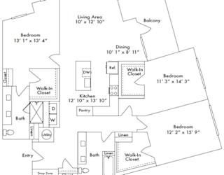 Floor plan layout of 1810 sf three-bedroom apartment featuring two bathrooms and a balcony.
