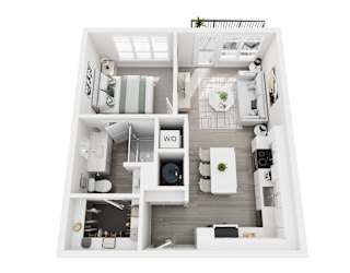 Floor plan layout of 624 sf one-bedroom apartment with a balcony.