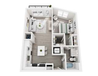 Floor plan layout of 724 sf one-bedroom apartment with a balcony.