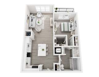 Floor plan layout of 749 sf one-bedroom apartment with a balcony.