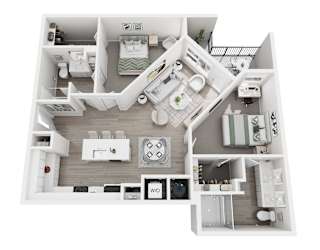 Floor plan layout of 1175 sf two-bedroom apartment with two bathrooms featuring dual shower and a balcony.