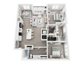 Floor plan layout of 1329 sf two-bedroom apartment with two bathrooms and a balcony.