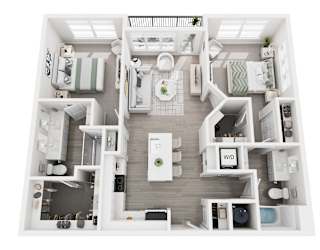 Floor plan layout of 1118 sf two-bedroom apartment with two bathrooms and a balcony.