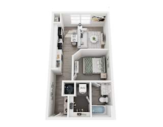 Floor plan layout of 585 sf studio apartment with separated living and sleeping space.