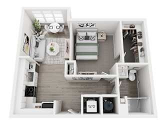 Floor plan layout of 632 sf studio apartment.