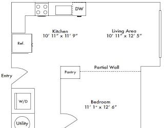 Floor plan layout of 632 sf studio apartment.