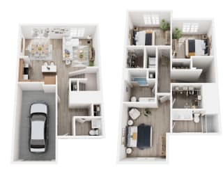 two views of a floor plan of a house with a car