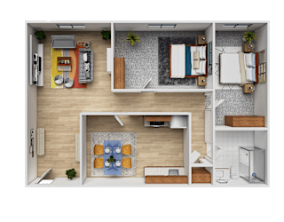 A top-down view of a small apartment with a kitchen, living room, and bathroom.