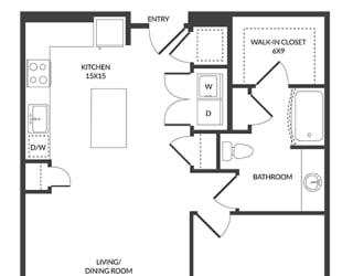 1 bedroom floorplan with L-shaped Kitchen and Island. Pantry, Living/Dining Area, Bedroom and bathroom with Bath/Shower and Walk-in Closet. Optional 2 ft extended bedroom