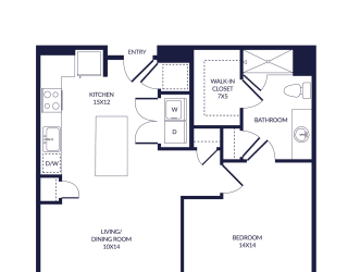 1 bedroom floorplan with L-shaped Kitchen and Island. Pantry, Living/Dining Area, Bedroom and bathroom with Shower and Walk-in Closet