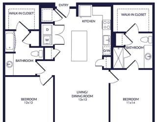 2 Bedroom 2 bath floorplan with L-shaped kitchen, pantry, w/d. one bathroom has a tub/shower while the other is a standalone shower. Walk-in closets. Fenced-in Yard