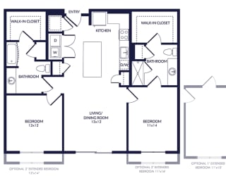 2 Bedroom 2 bath floorplan with L-shaped kitchen, pantry, w/d. one bathroom has a tub/shower while the other is a standalone shower. Walk-in closets. optional 1 and 2 foot bedroom extensions