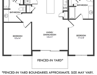 2 bedroom 2 bath floorplan with l-shaped kitchen and island. wld closet, dining area and living area. large walk-in closets. Fenced-in Yard