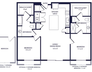 2 bedroom floorplan. L-shaped kitchen overlooking dining and living area.  bedrooms on opposite sides of the apartment. Walk-in closets. 2 bathrooms. W/D in kitchen area. Patio/Balcony.