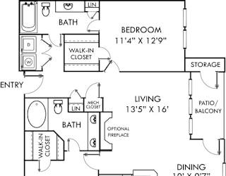 A floor plan of a home with a living room, dining room, kitchen, two bedrooms, and a bathroom.