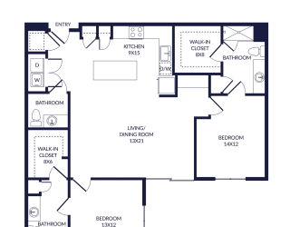 2 bedroom 2.5 bath floorplan with L-shaped Kitchen and island. one bathroom has a tub/shower and the other has a standalone shower. Walk-in closets. W/D.