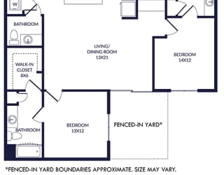 2 bedroom 2.5 bath floorplan with L-shaped Kitchen and island. one bathroom has a tub/shower and the other has a standalone shower. Walk-in closets. W/D. Fenced-in Yard