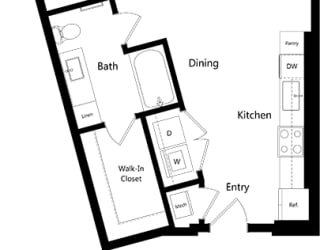 1 bedroom floorplan with fill size w/d kitchen with pantry. living/dining area. bedroom and full bath with walk-in closet.