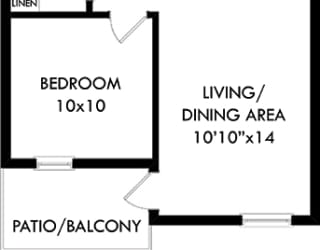 The Laurel 1 bedroom apartment. Kitchen with island open to living room. full bathroom. Walk-in closet. Patio/balcony.