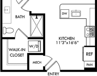 1 bedroom 1 bath floorplan. Entry opens into kitchen with peninsula couters overlooking the living area.  Entrance to bedroom from the living room. Bathroom access available from living as well as bedroom. Walk-in closet with stackable washer/dryer. Balcony off of living room