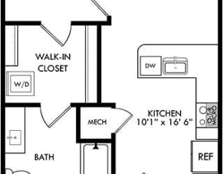 1 bedroom floorplan with entrance open to kitchen with l-shaped countertops overlooking living area. Entrance to bedroom off of living. Walk-in closet with stackable washer/dryer that leads to private bath. Entrance to balcony off of living