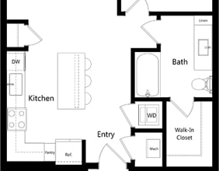 1 bedroom floorplan with l-shaped kitchen and island. Pantry closet. living/dining area. full bath with tub and walk-in closet. stackable W/D.