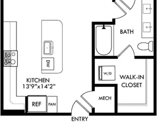 1 bedroom floorplan with entrance open to kitchen with l-shaped countertops and island. Open to living area and balcony. Bedroom off of living with entrance to bath. guest entrance to bath from living. Walk-in closet through the bathroom with stackable washer/dryer