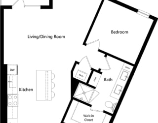 1 bedroom floorplan with large laundry room. Kitchen with island. living/dining area. bath with standalone shower. Large Walk-in closet.