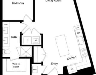 1 bedroom floorplan with L-shaped kitchen with island and pantry. Living/dining area. Full size w/d. Bathroom with double sink vanity and standalone shower. Walk-in closet