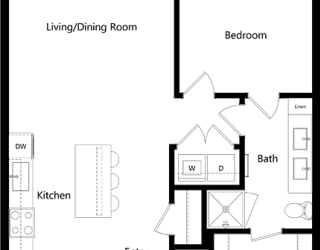 1 bedroom floorplan with L-shaped kitchen with island and pantry. Living/dining area. Full size w/d. Bathroom with double sink vanity and standalone shower. Walk-in closet