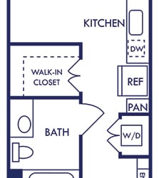 a floor plan of a two bedroom apartment with a walk in closet and a kitchen with a