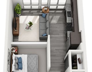 3D Studio apartment. entrance hallway with laundry, two closets, one bathroom. Bedroom with lowered wall. kitchen overlooking living area.