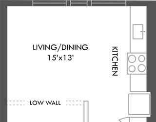 Studio apartment. entrance hallway with laundry, two closets, one bathroom. Bedroom with lowered wall. kitchen overlooking living area.