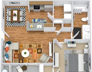 A top-down view of a living room with a couch, coffee table, and rug.