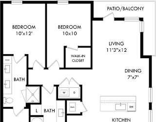 A black and white image of a house floor plan with two bedrooms, a living room, a dining room, a kitchen, two bathrooms, and a patio/balcony.