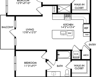 2 bedroom floorplan. entrance opens to stackable washer/dryer closet and l-shaped kitchen with island. Large living space. Bedrooms on opposite sides of floorplan. primary bath has double sink vanity, standalone shower and and walk-in closet. Other bedroom has guest bath and walk-in closet