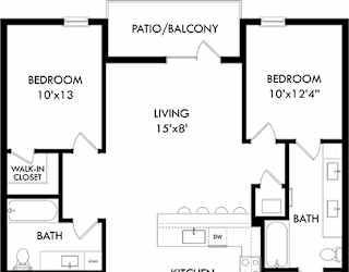 A black and white image of a house floor plan with two bedrooms, a living room, a kitchen, two bathrooms, a patio/balcony, and an entry.