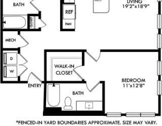 2 bedroom 2 bath floorplan. entrance opens to full size washer/dryer closet. round the corner to the kitchen with island that overlooks the dining and living area. One bedroom off of living area with walk-in closet and bath. guest bedroom down the hall behind the kitchen area. hall also leads to guest bath. Patio access from living room. with fenced-in yard.