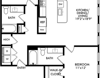 2 bedroom 2 bath floorplan. entrance opens to full size washer/dryer closet. round the corner to the kitchen with island that overlooks the dining and living area. One bedroom off of living area with walk-in closet and bath. guest bedroom down the hall behind the kitchen area. hall also leads to guest bath. Balcony access from living room.