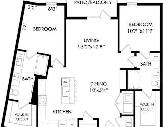 A black and white image of a floor plan for a home with a living room, dining room, kitchen, two bathrooms, and two bedrooms.
