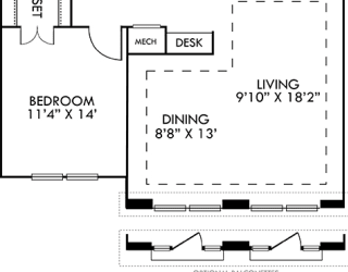 The Barcelona. 1 bedroom apartment. Kitchen with bartop open to living/dining rooms. 1 full bathroom. Walk-in closet. Optional balconettes.