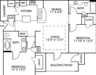 Berlin 2 bedroom floorplan with large living room and separate dining space. U-shaped kitchen attached to full size laundry room.