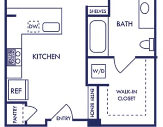 1 bedroom floorplan. entry bench. L-shaped kitchen overlooking living area. separate bath entrance from bedroom. walk-in closet entrance in bathroom. stackable washer/dryer in closet. Patio/balcony.