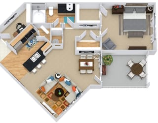 Dawson II 3D. 1 bedroom apartment. Kitchen with bartop open to living/dinning rooms. 1 full bathroom. Walk-in closet. Patio/balcony.