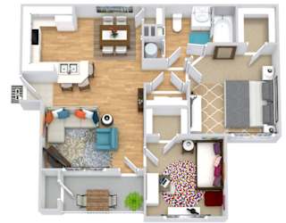A top-down view of a house layout with a kitchen, living room, and bedrooms.