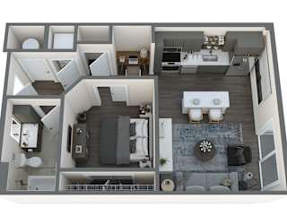 a 3d floor plan of a bedroom with a living room